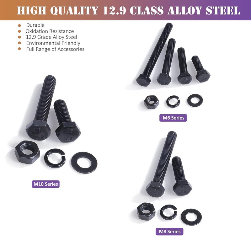 ZTF 224 PCS Metric M6 M8 M10 Heavy Duty Hex Cap Bolts and Nuts Flat & Lock Washers Assortment Kit, 12.9 Grade Alloy Steel Metric Fully Thread Hexagon Allen Machine Bolt, 8 Most Common Sizes, DIN 933 - Image 4